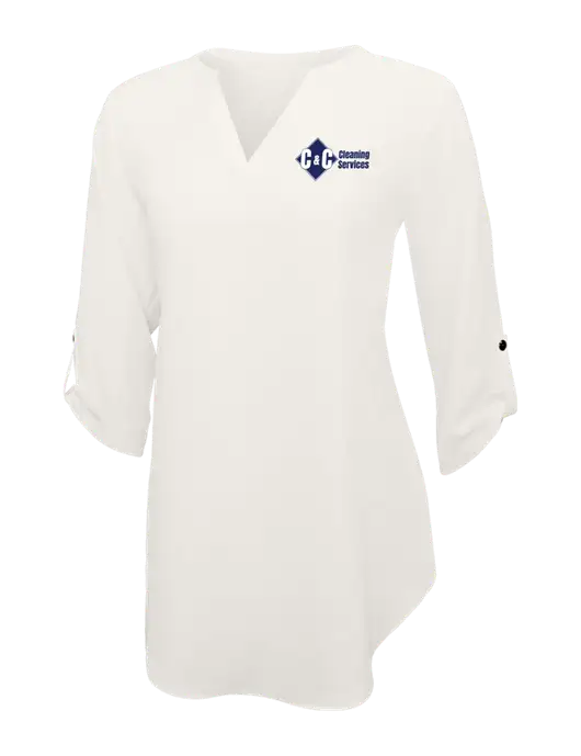Ivory Womens 3/4 Sleeve Tunic Blouse w/C & C Cleaning Services Logo
