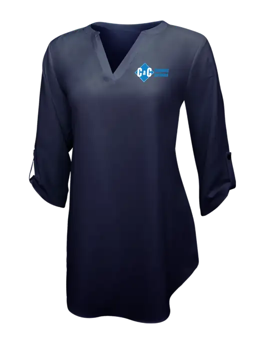 Navy Womens 3/4 Sleeve Tunic Blouse w/C & C Cleaning Services Logo