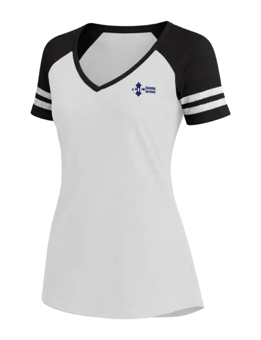 Womens White/Black V-Neck Game Tee w/C & C Cleaning Services Logo