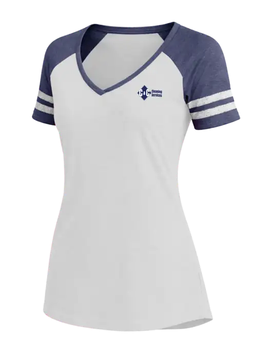 Womens White/Navy Heather V-Neck Game Tee w/C & C Cleaning Services Logo