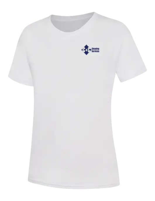 Womens White Core Blend Tee w/C & C Cleaning Services Logo