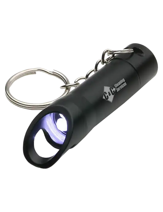 Black Pocket LED Flashlight with Bottle Opener & Keychain w/C & C Cleaning Services Logo