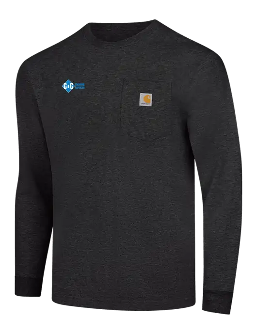 Carhartt Dark Grey Heather Workwear Pocket Long Sleeve T-Shirt w/C & C Cleaning Services Logo