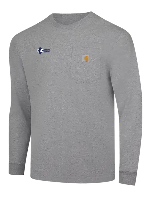 Carhartt Light Grey Heather Workwear Pocket Long Sleeve T-Shirt w/C & C Cleaning Services Logo