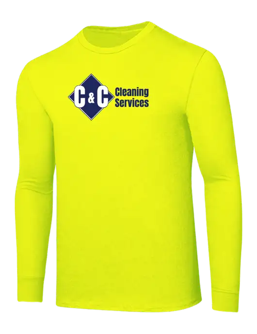 Core Blend Safety Yellow Long Sleeve Tee w/C & C Cleaning Services Logo
