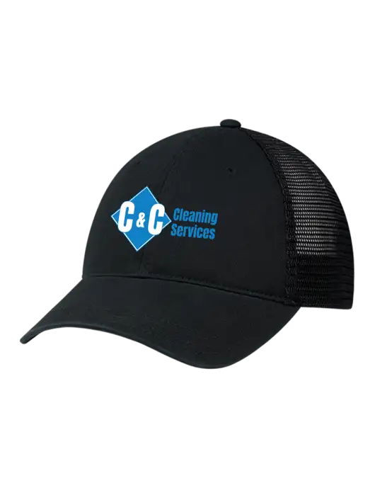 Richardson 111 Garment Washed Trucker Cap Black w/Black Mesh w/C & C Cleaning Services Logo