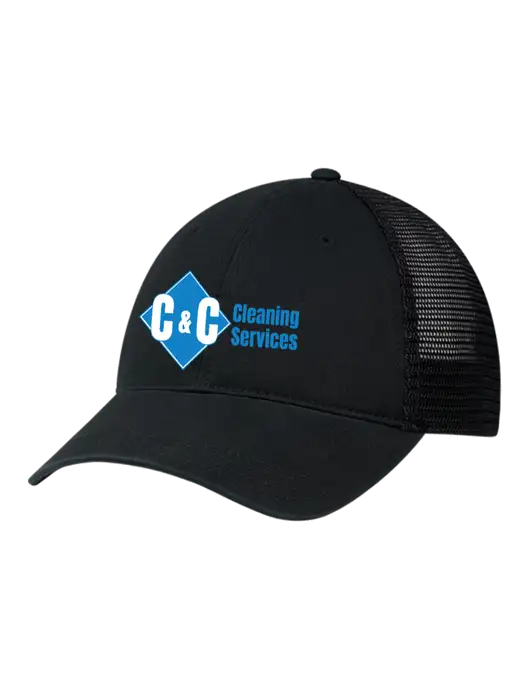 Richardson 111 Garment Washed Trucker Cap Black w/Black Mesh w/C & C Cleaning Services Logo