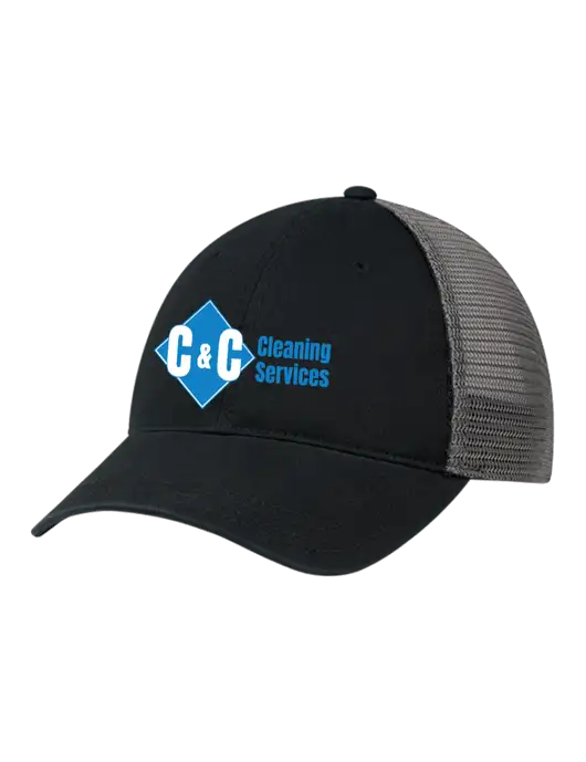 Richardson 111 Garment Washed Trucker Cap Black w/Charcoal Mesh w/C & C Cleaning Services Logo