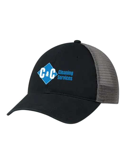Richardson 111 Garment Washed Trucker Cap Black w/Charcoal Mesh w/C & C Cleaning Services Logo