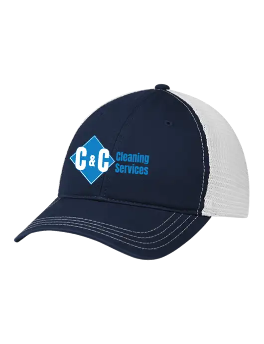Richardson 111 Garment Washed Trucker Cap Navy w/White Mesh w/C & C Cleaning Services Logo
