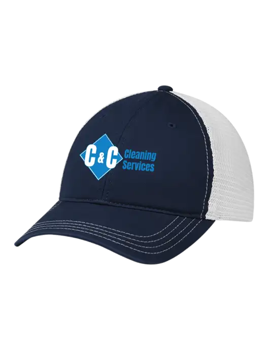 Richardson 111 Garment Washed Trucker Cap Navy w/White Mesh w/C & C Cleaning Services Logo
