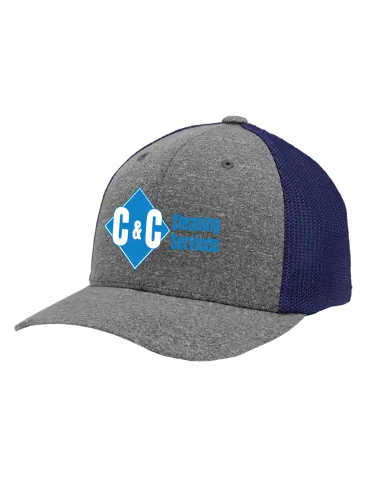 Flexfit Navy/Medium Grey Heather Melange Mesh Back Trucker Cap w/C & C Cleaning Services Logo