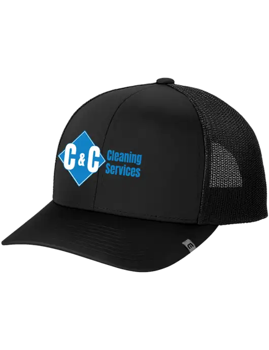 TravisMathew Black Cruz Trucker Cap w/C & C Cleaning Services Logo