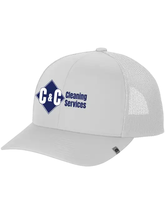 TravisMathew White Cruz Trucker Cap w/C & C Cleaning Services Logo