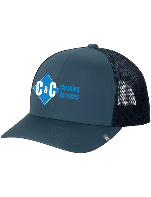 TravisMathew Dark Slate Blue Cruz Trucker Cap w/C & C Cleaning Services Logo