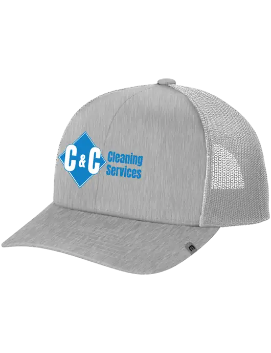 TravisMathew Light Medium Grey Heather Cruz Trucker Cap w/C & C Cleaning Services Logo