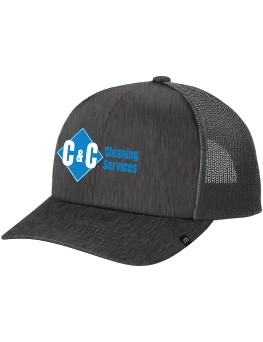 TravisMathew Very Dark Grey Heather Cruz Trucker Cap w/C & C Cleaning Services Logo