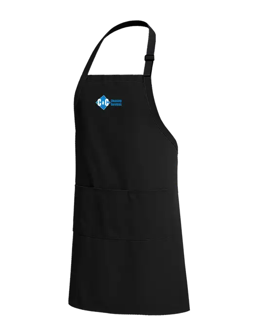 Easy Care Extra Long Bib Black Apron with Stain Release w/C & C Cleaning Services Logo