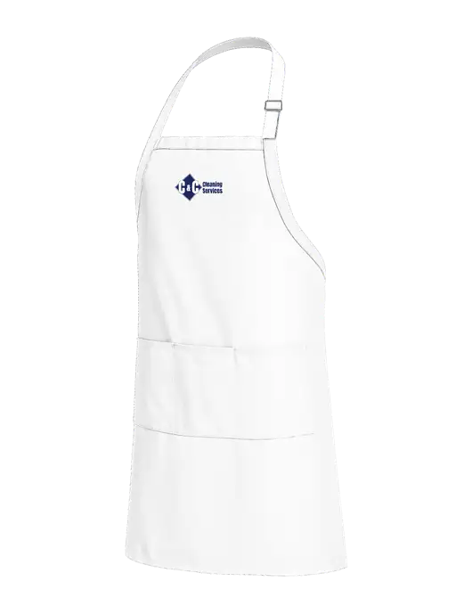 Easy Care Extra Long Bib White Apron with Stain Release w/C & C Cleaning Services Logo